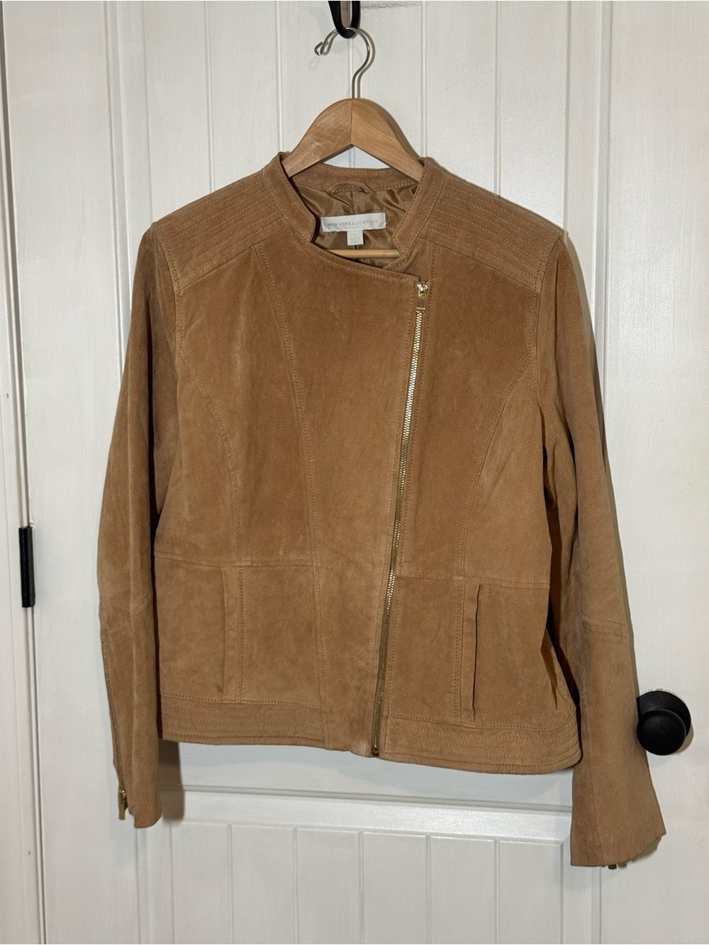 New York & Company Suede Moto Jacket in Tan - Picture 3 of 9